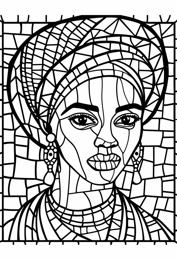 Mosaic style african woman portrait, african tribal art style — free printable african culture coloring book page