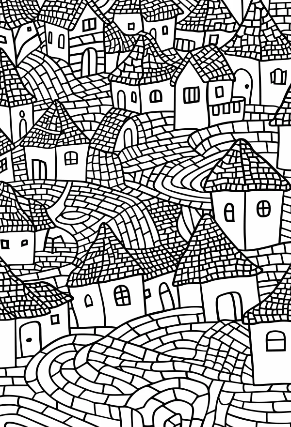 Intricate small town buildings with winding cobblestone paths, fine clean repetitive outlines — free printable town coloring book page