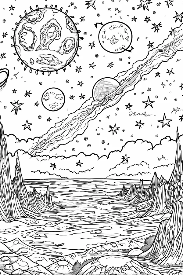 Cosmic coastal landscape with alien spire mountains and ocean, fantasy sci-fi style — free printable universe coloring book page