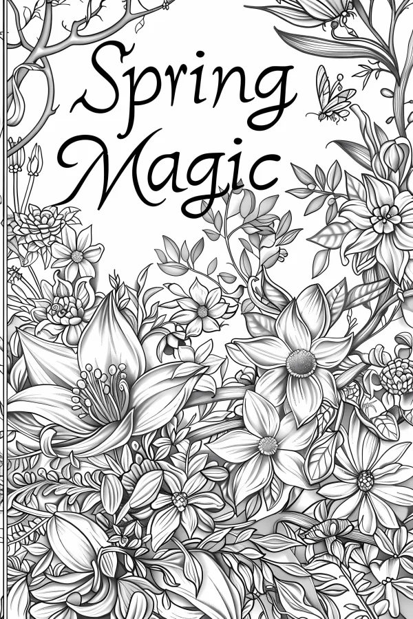Spring magic floral arrangement, sketch style — free printable spring coloring book page
