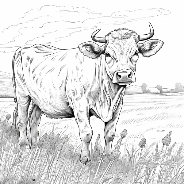 Cow standing in grassy prairie, realistic sketch style — free printable grassland coloring book page