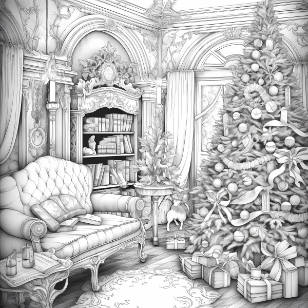 Christmas decorated living room scene, realistic line art style — free printable home living coloring book page