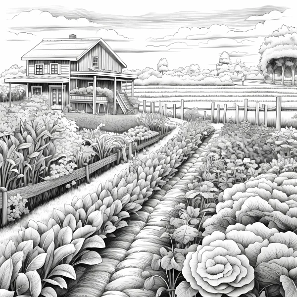 Country cottage with garden and farm, sketch style — free printable farm coloring book page