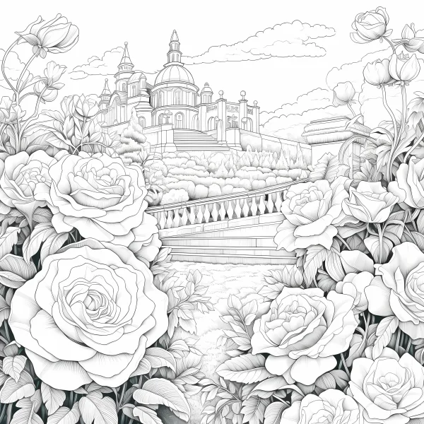 Roses with european palace in background, realistic illustration style — free printable scenery coloring book page