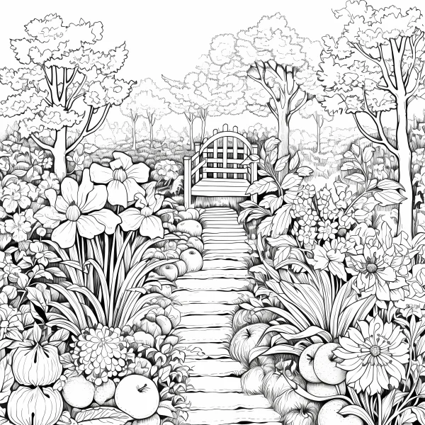 Garden path with wooden bench, realistic line art style — free printable pastoral coloring book page