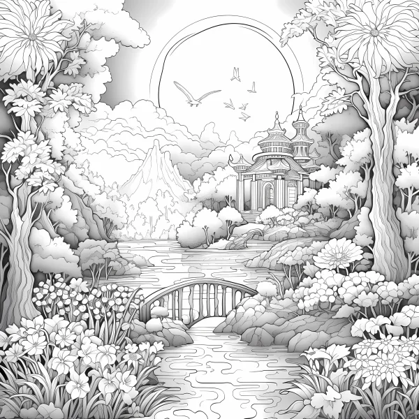Fairytale landscape with river and stone bridge, fairytale style — free printable pastoral coloring book page