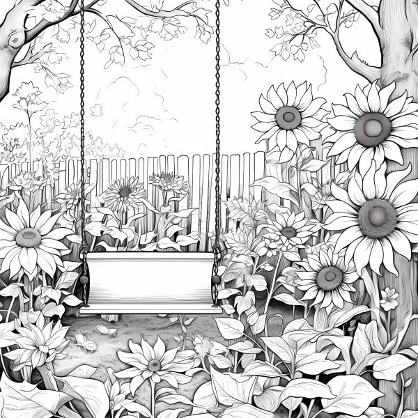 Garden swing surrounded by sunflowers, realistic line art style — free printable summer coloring book page
