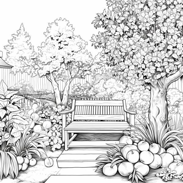 Garden wooden bench, realistic line art style — free printable leisure life coloring book page