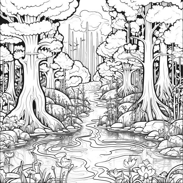 Forest stream landscape, realistic line art style — free printable river coloring book page