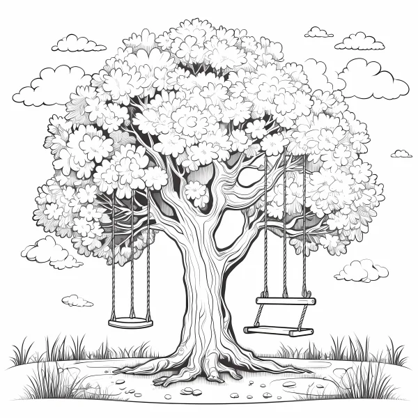 Blooming tree with two wooden swings, sketch style — free printable outdoor leisure coloring book page