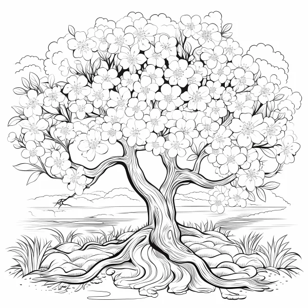 Blooming big tree with abundant flowers, sketch style — free printable spring coloring book page