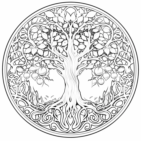 Celtic style tree of life, intricate symmetric circular patterns with apples — free printable celtic coloring book page