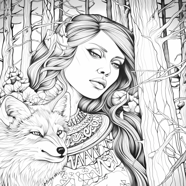 Forest girl with fox, fairy tale illustration style — free printable nordic coloring book page