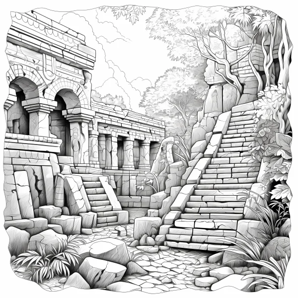 Mayan-style ancient ruins in jungle, realistic line art — free printable jungle coloring book page
