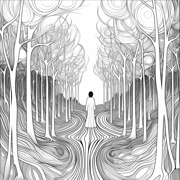 White-robed figure in surreal forest, surreal line art style — free printable surreal coloring book page