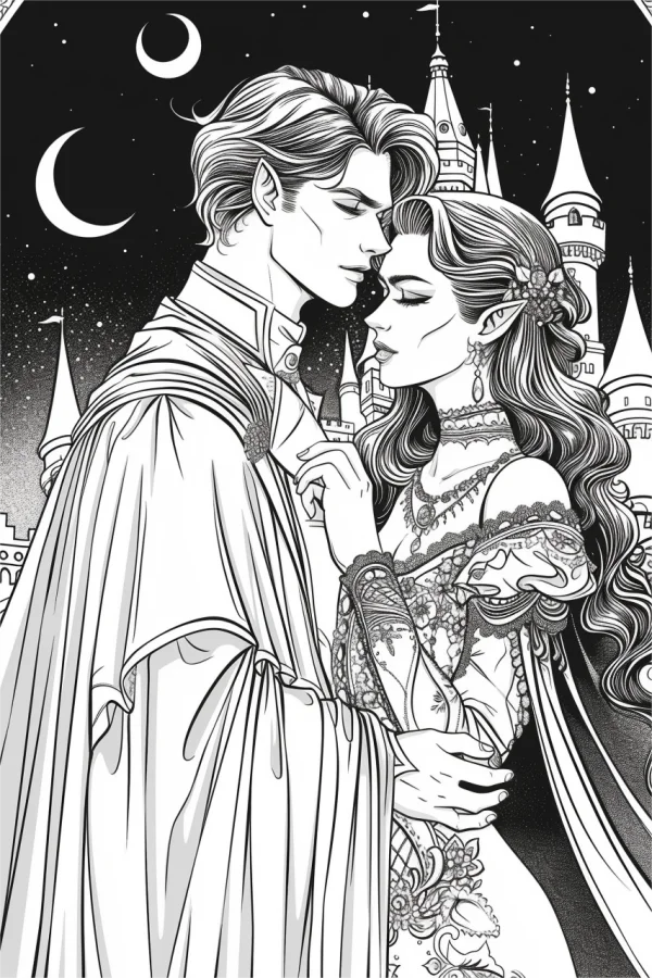 Romantic elf noble couple, fairy tale illustration style — free printable romance coloring book page