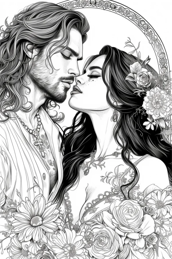 Intimate couple with long hair, realistic line art style — free printable romance coloring book page