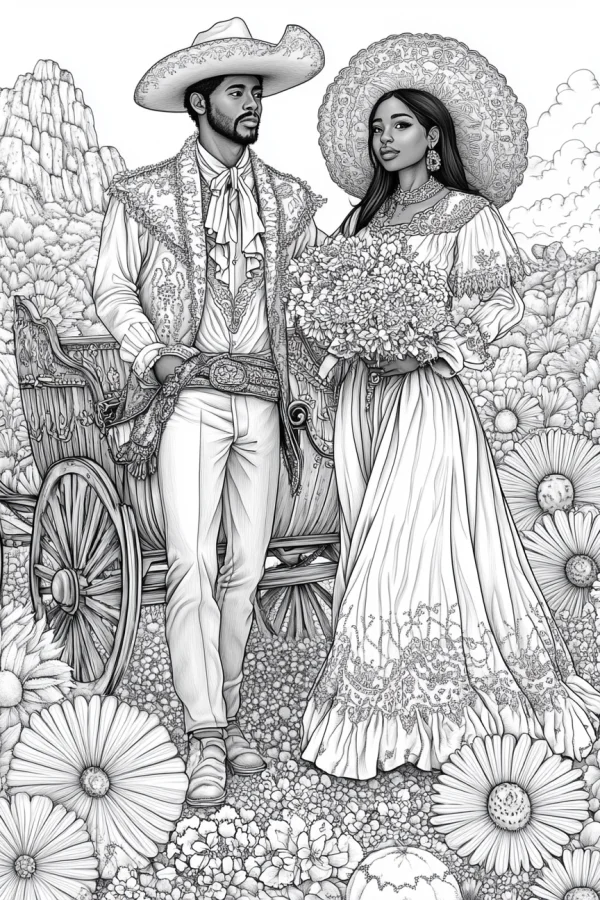 Coloring book page, newlyweds in traditional latin american wedding attire — free printable latin america coloring book page