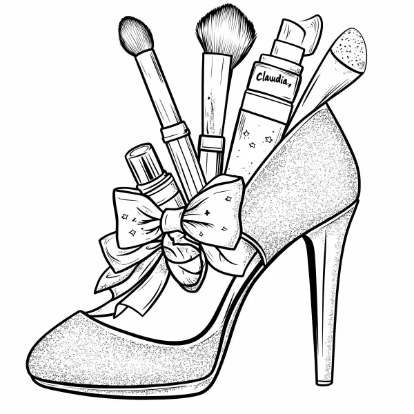High-heeled shoe filled with makeup tools including brushes, lip gloss — free printable beauty coloring book page