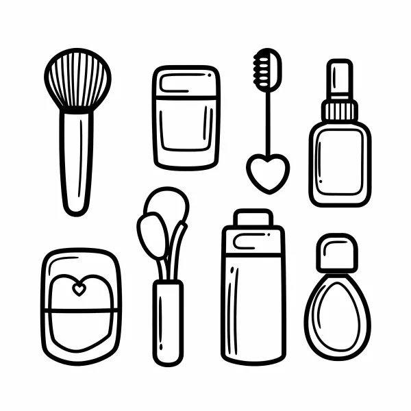 Coloring book page, set of makeup tools and cosmetics — free printable beauty coloring book page