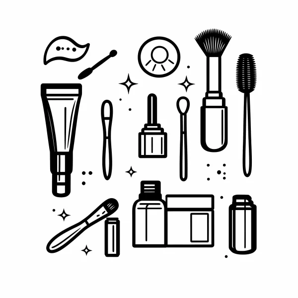 Collection of various makeup tools and cosmetics, vector style — free printable beauty coloring book page