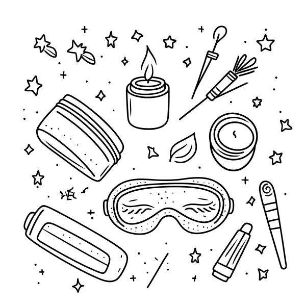 Home spa and skincare items including sleep mask, burning candle — free printable beauty care coloring book page