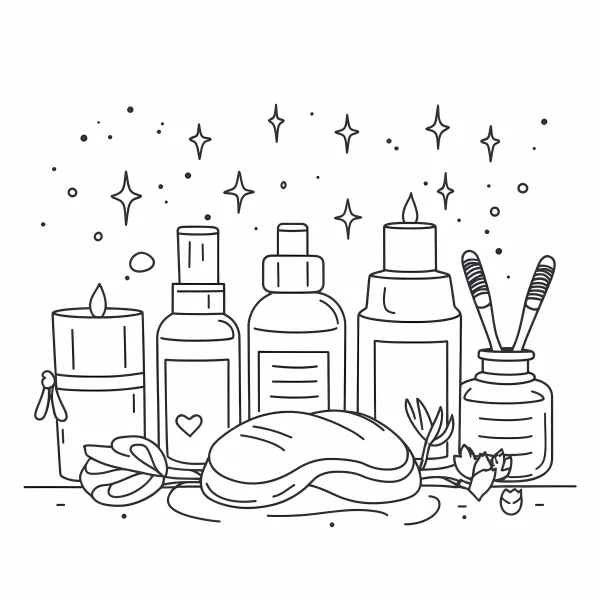 Skincare and spa set including candle, various lotion bottles — free printable beauty care coloring book page