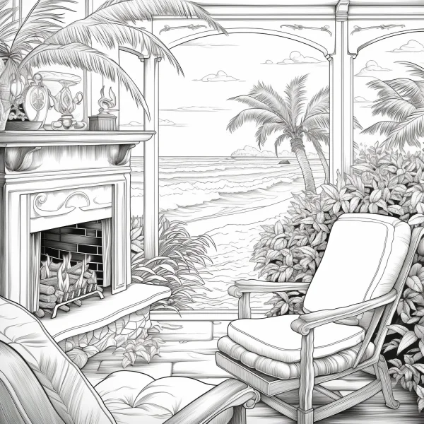 Seaside patio leisure scene with rocking chair, sofa chair and fireplace — free printable home leisure coloring book page