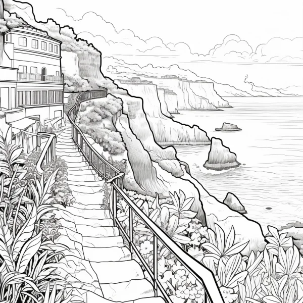 Coloring book page, coastal landscape with stone stairs and seaside buildings — free printable beach coloring book page
