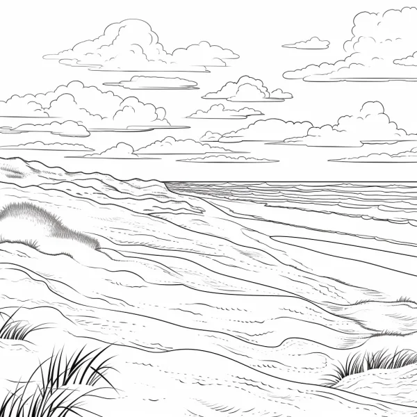 Seaside sand dunes landscape, realistic line art style — free printable beach coloring book page