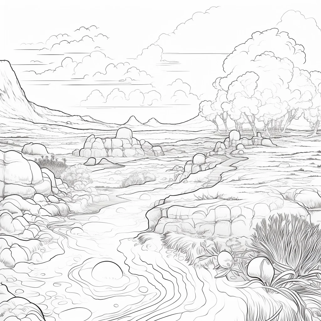 Wild mountain stream landscape, realistic line art — realistic style — moderate detail — line art coloring page — for kids and adults of all ages
