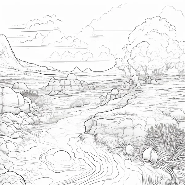 Wild mountain stream landscape, realistic line art — free printable mountains and rivers coloring book page