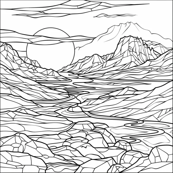 Line art landscape with mountains and rivers, geometric line art style — free printable mountains and rivers coloring book page