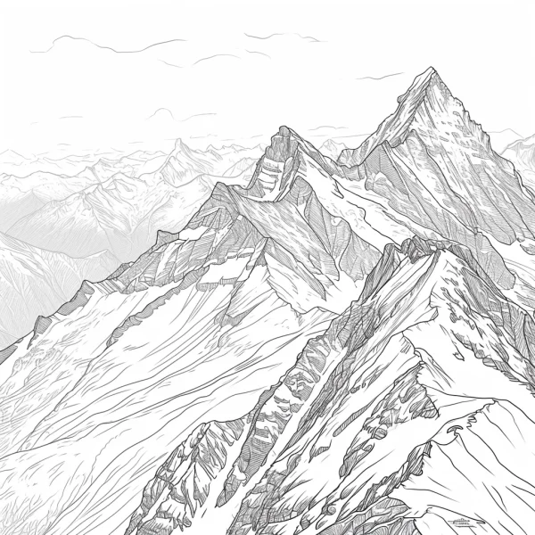Snow mountain range, realistic style — free printable mountains and rivers coloring book page