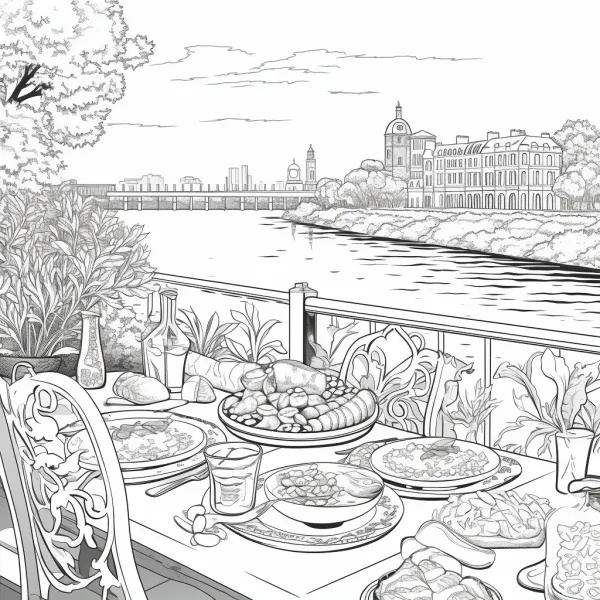 Riverside outdoor picnic scene, realistic sketch style — free printable picnic coloring book page