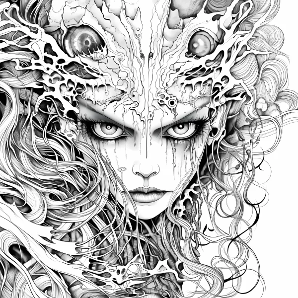 Horror multi-eyed girl with tangled vine-like parasitic tissues, dark fantasy style — free printable surreal coloring book page