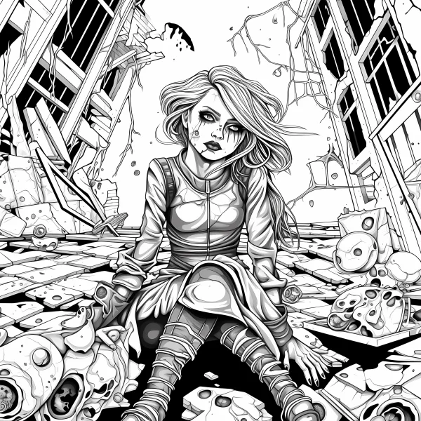 Scarred girl in post-apocalyptic ruins, dark fantasy horror style — free printable apocalypse coloring book page