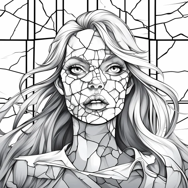 Cracked female portrait with long hair, surreal sketch style — free printable surreal coloring book page