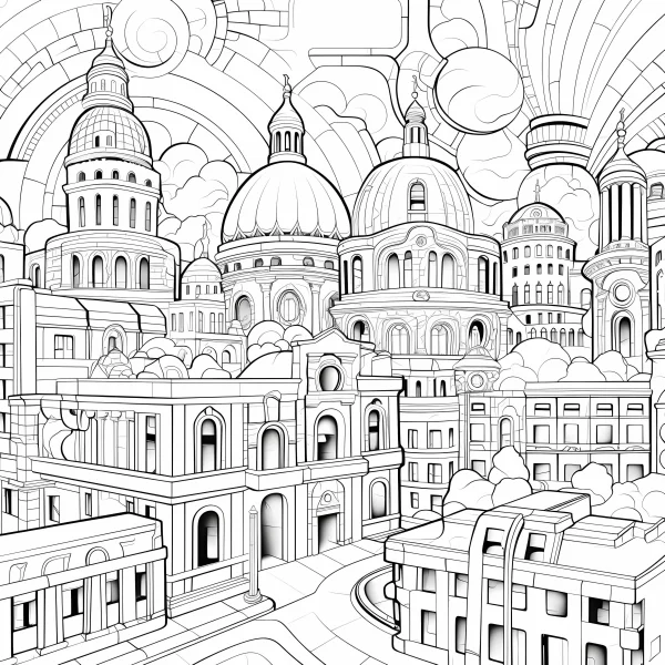 European classical city building complex with domes and towers, architectural line art style — free printable urban architecture coloring book page