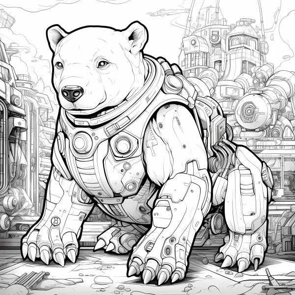 Mechanical armored polar bear, sci-fi cyberpunk style — free printable mechanical coloring book page