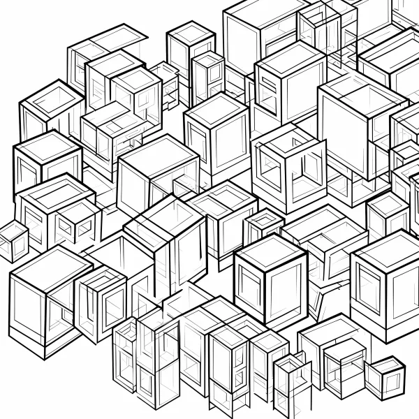 Abstract geometric cubes group, minimalist abstract style — free printable order coloring book page