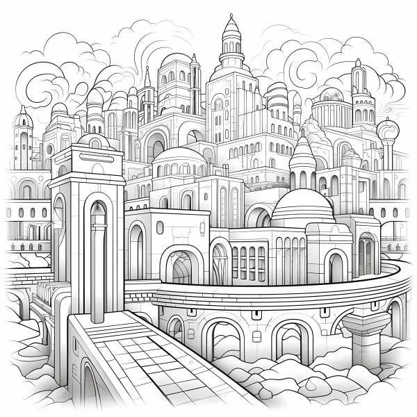 Fantasy floating castle complex, intricate architectural line art with domes — free printable scenery coloring book page