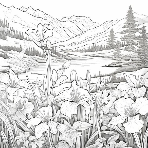 Riverbank flowers with mountain landscape, realistic style — free printable mountains and rivers coloring book page