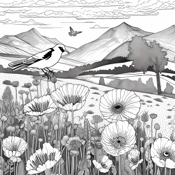 Bird perched on flower stem among poppies, realistic sketch style — free printable butterfly coloring book page