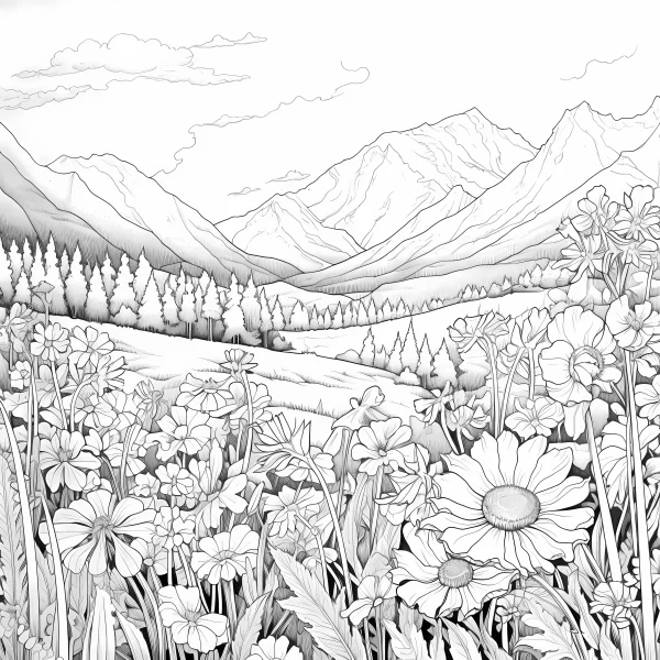Scenic landscape with daisies and distant mountains, realistic line art style — free printable mountains and rivers coloring book page
