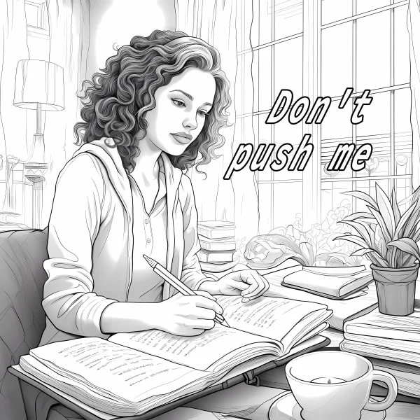 Curly-haired girl writing in an open notebook, cozy indoor study scene with stacks of books — free printable learning coloring book page