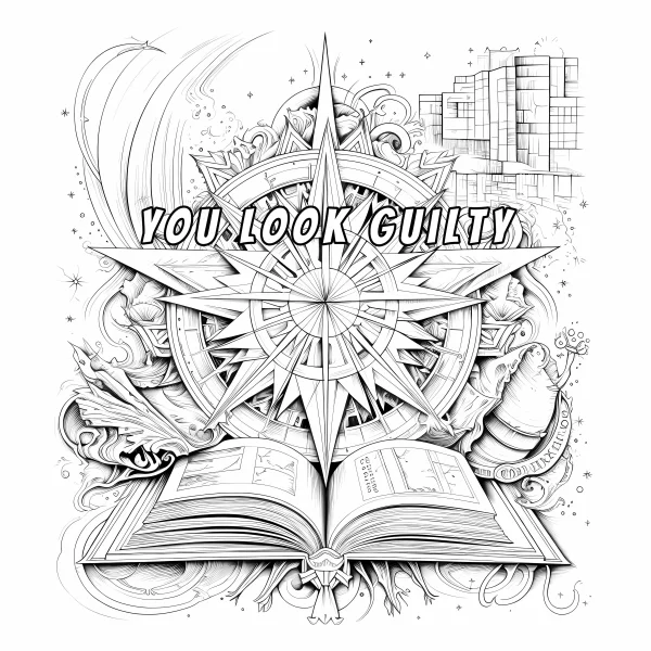 Fantasy compass with open book, vintage intricate decorative style — free printable sailing coloring book page