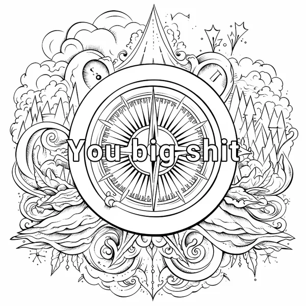 Fantasy-style compass with the vulgar text "you big shit", surrounded by clouds — free printable vulgar content coloring book page