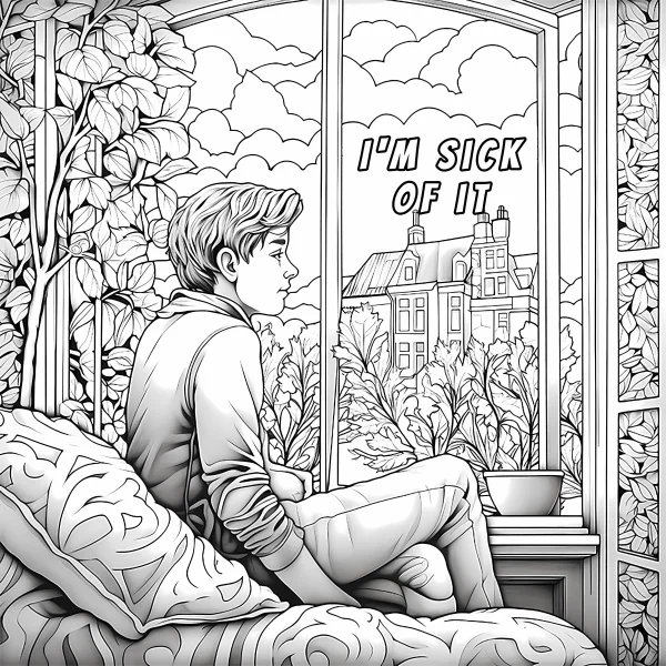 Annoyed boy sitting by the window, realistic illustration style — free printable indoor life coloring book page
