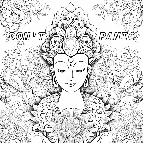 Buddha surrounded by intricate flowers and mandala symmetric patterns, fine smooth organic lines — free printable buddhist culture coloring book page